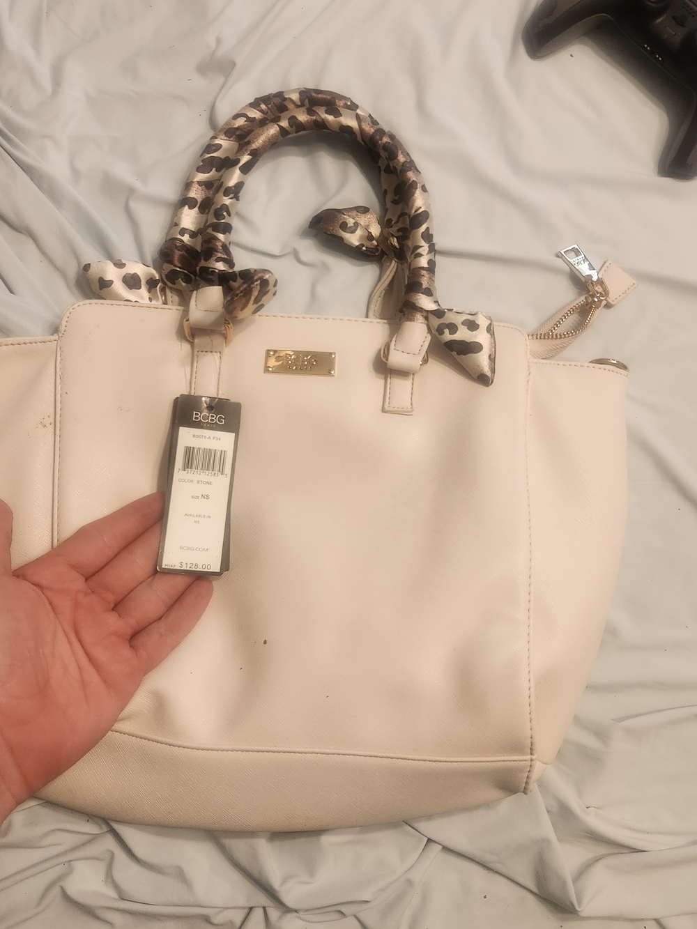BCBG Cream Tote with Leopard-Print Scarf-Wrapped Handles